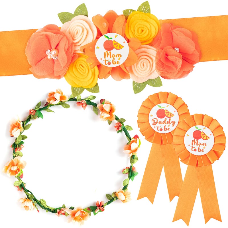 2ooya Little Cutie Citrus Maternity Sash Mom to Be & Daddy to Be Corsage Orange Clementine Flower Crown Pregnancy Sash Decoration Autumn Baby Shower Kit Party Favors Pregnancy Photo Prop Gift - Image 1